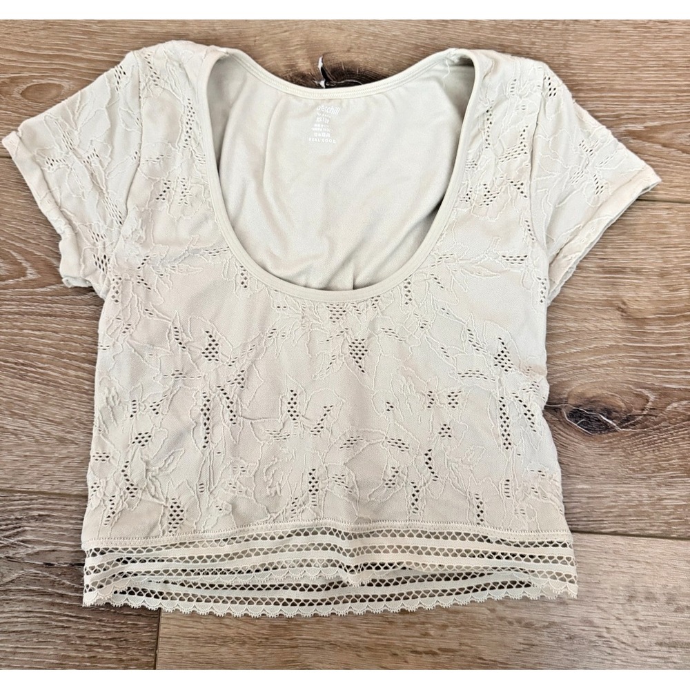 Aerie Super Chill Lace Cropped Tee Women's XS Cream Floral Sheer Top